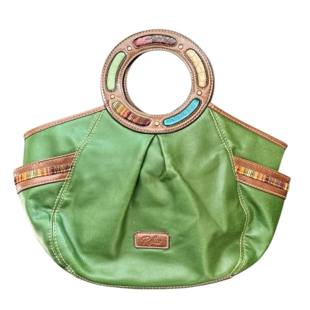 VTG 80’s Relic Green Leather Clutch Round Handle Handbag Side Pockets Snap Close